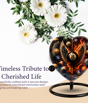 Billiards Cremation Urn, Pool Player Memorial Urn, Heart-Shaped Adult Cremation Urn with Flaming Wings