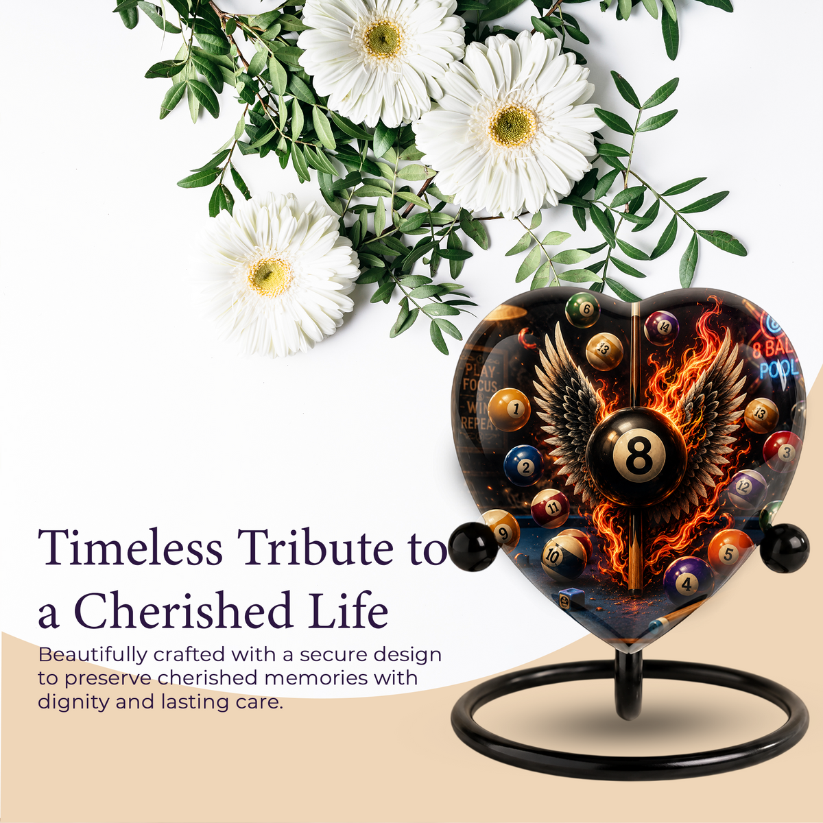 Billiards Cremation Urn, Pool Player Memorial Urn, Heart-Shaped Adult Cremation Urn with Flaming Wings