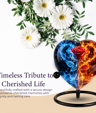 Heart Shaped Red Rose Urn for Ashes, Blue and Orange Flame Cremation Urn