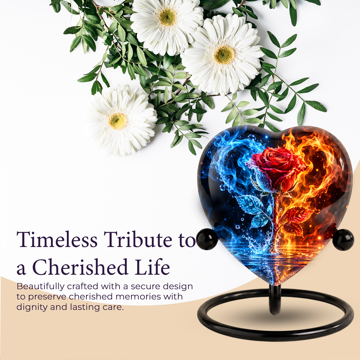 Heart Shaped Red Rose Urn for Ashes, Blue and Orange Flame Cremation Urn