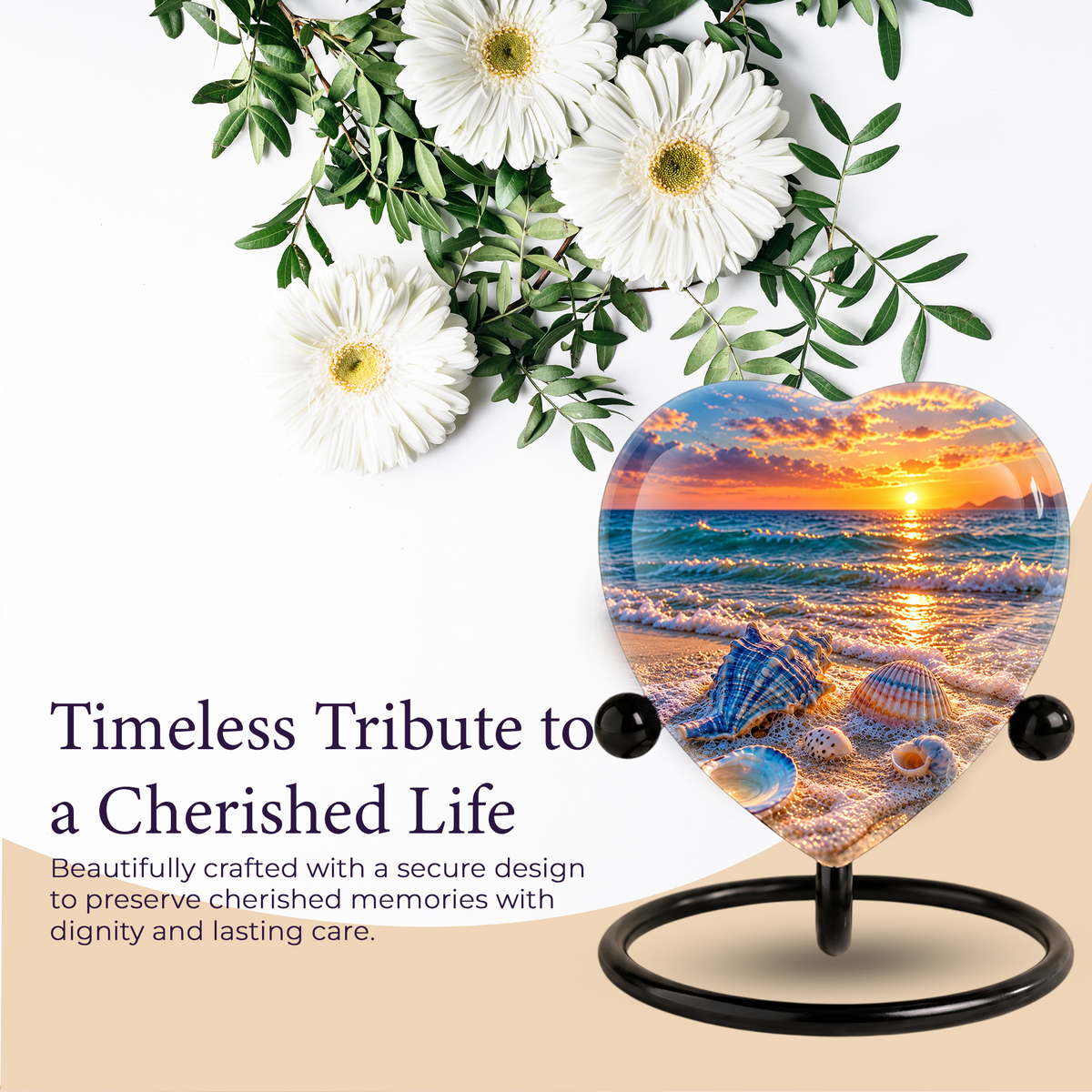Seashell Beach Cremation Urn for Ashes, Ocean Sunset Memorial Urn, Seashell Urn, Coastal Heart Shaped Cremation Urn