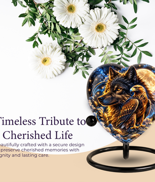 Heart Shaped Wolf and Eagle Urn for Ashes, Wildlife Cremation Urn, Celestial Moon Animal Memorial Urn