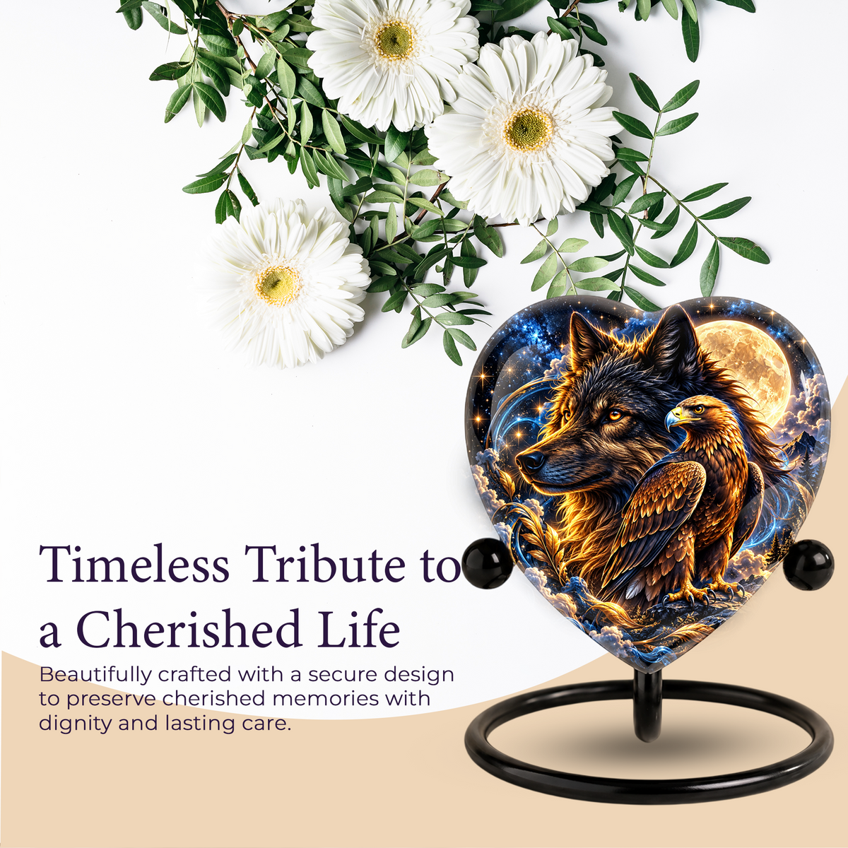 Heart Shaped Wolf and Eagle Urn for Ashes, Wildlife Cremation Urn, Celestial Moon Animal Memorial Urn