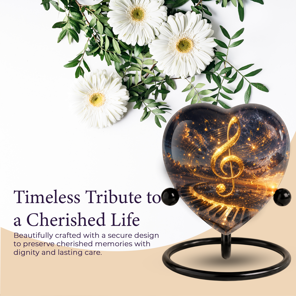 Musical Note Piano Adult Urn – Golden Treble Clef Heart Design Adult Cremation Urn for Ashes