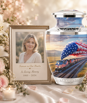 Train Cremation Urn for Dad, Patriotic Railroad Memorial Urn, American Train Keepsake for Father