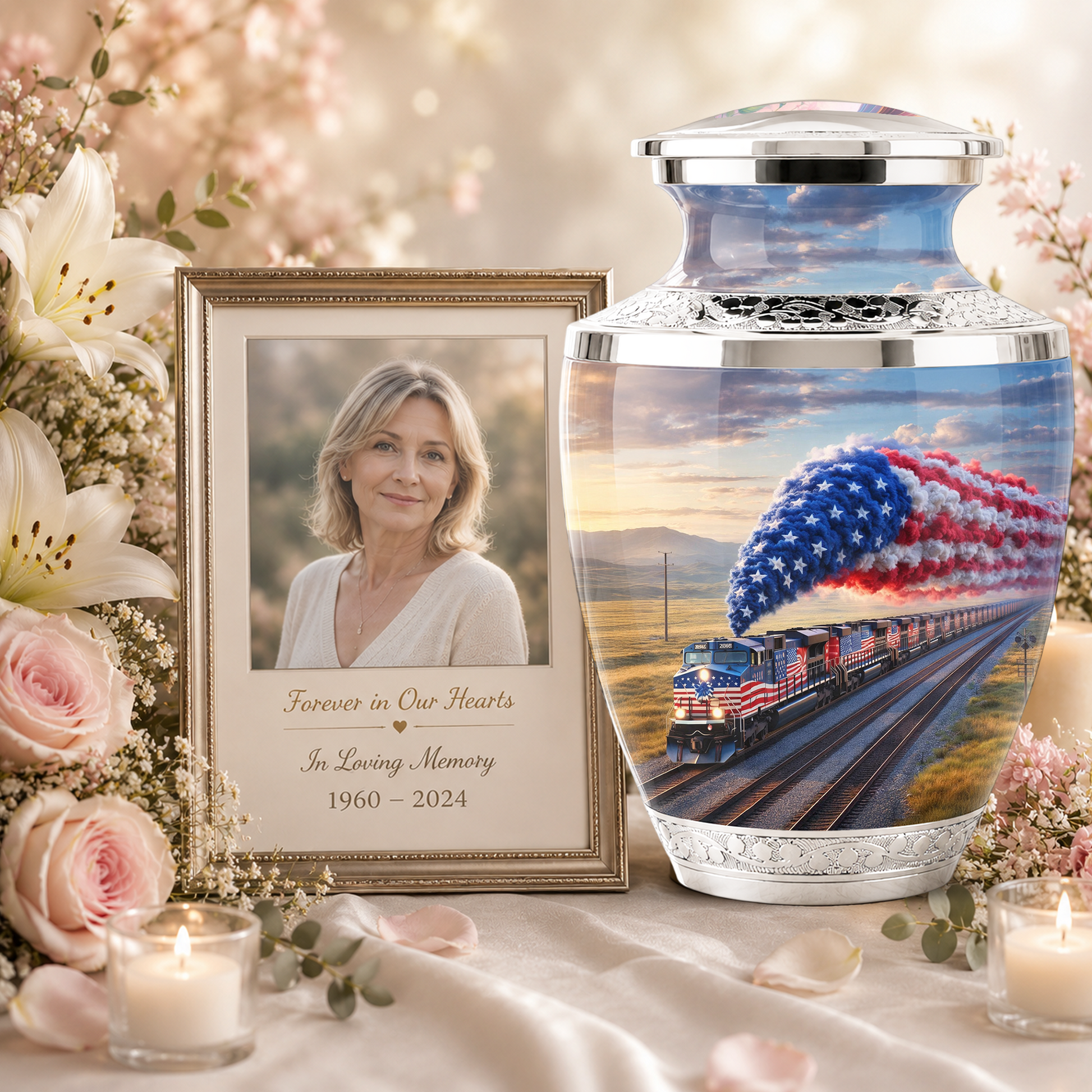 Train Cremation Urn for Dad, Patriotic Railroad Memorial Urn, American Train Keepsake for Father
