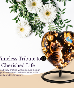 Heart Shaped Cat Urn for Ashes, Kitten and Butterfly Cremation Urn, Personalized Pet Memorial Urn for Human Ashes