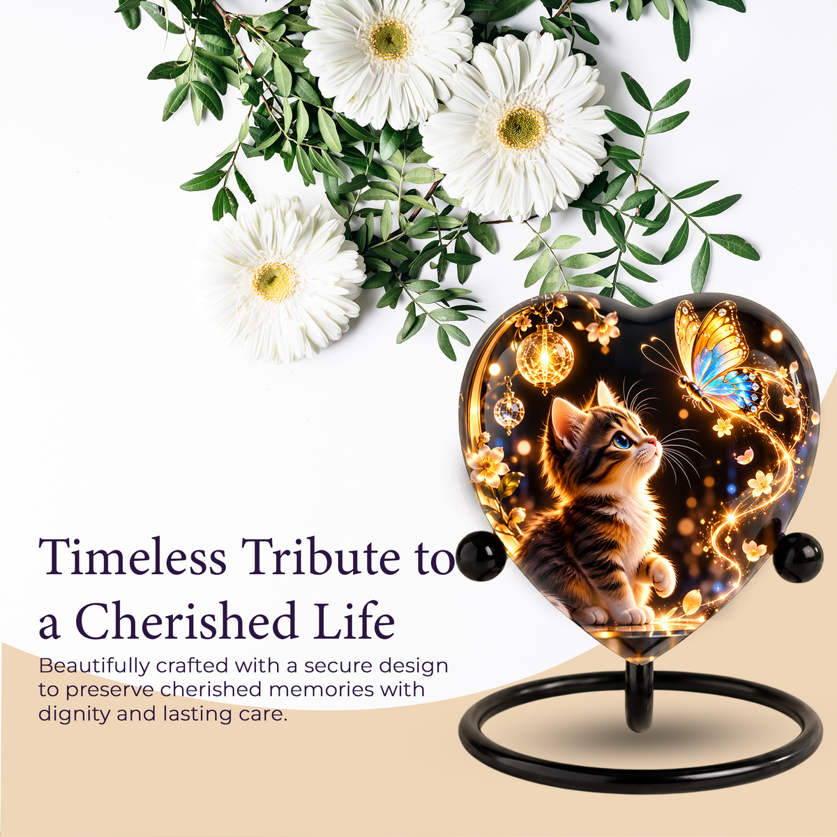 Heart Shaped Cat Urn for Ashes, Kitten and Butterfly Cremation Urn, Personalized Pet Memorial Urn for Human Ashes
