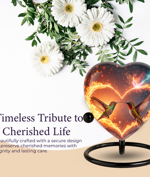 Heart-Shaped Adult Cremation Urn with Hummingbird Memorial Design – Beautiful Memorial Urn for Ashes