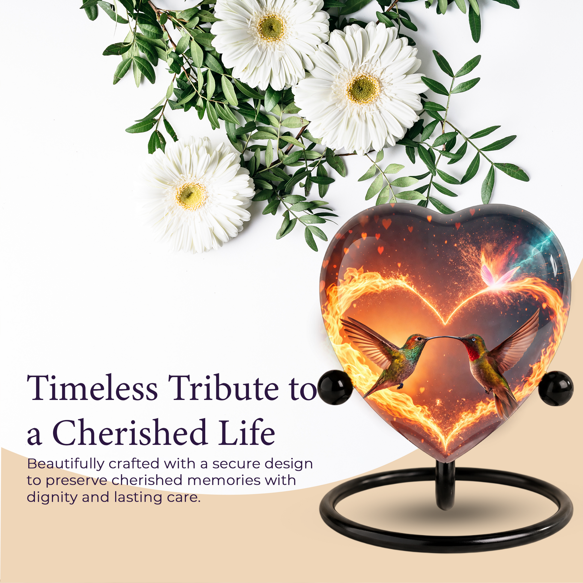 Heart-Shaped Adult Cremation Urn with Hummingbird Memorial Design – Beautiful Memorial Urn for Ashes