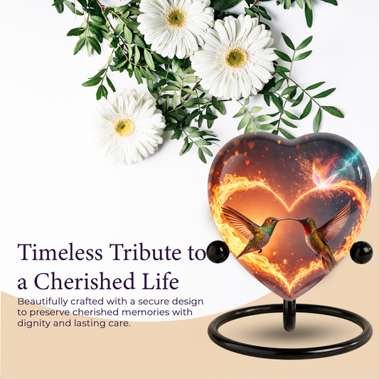 Heart-Shaped Adult Cremation Urn with Hummingbird Memorial Design – Beautiful Memorial Urn for Ashes