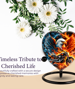 Heart Shaped Eagle Motorcycle Urn for Ashes, Phoenix Fire Cremation Urn, Biker Memorial Urn for Human Ashes