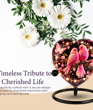 Heart Shaped Pink Birds Urn for Ashes, Butterfly Cremation Urn, Romantic Love Birds Memorial Urn for Human Ashes