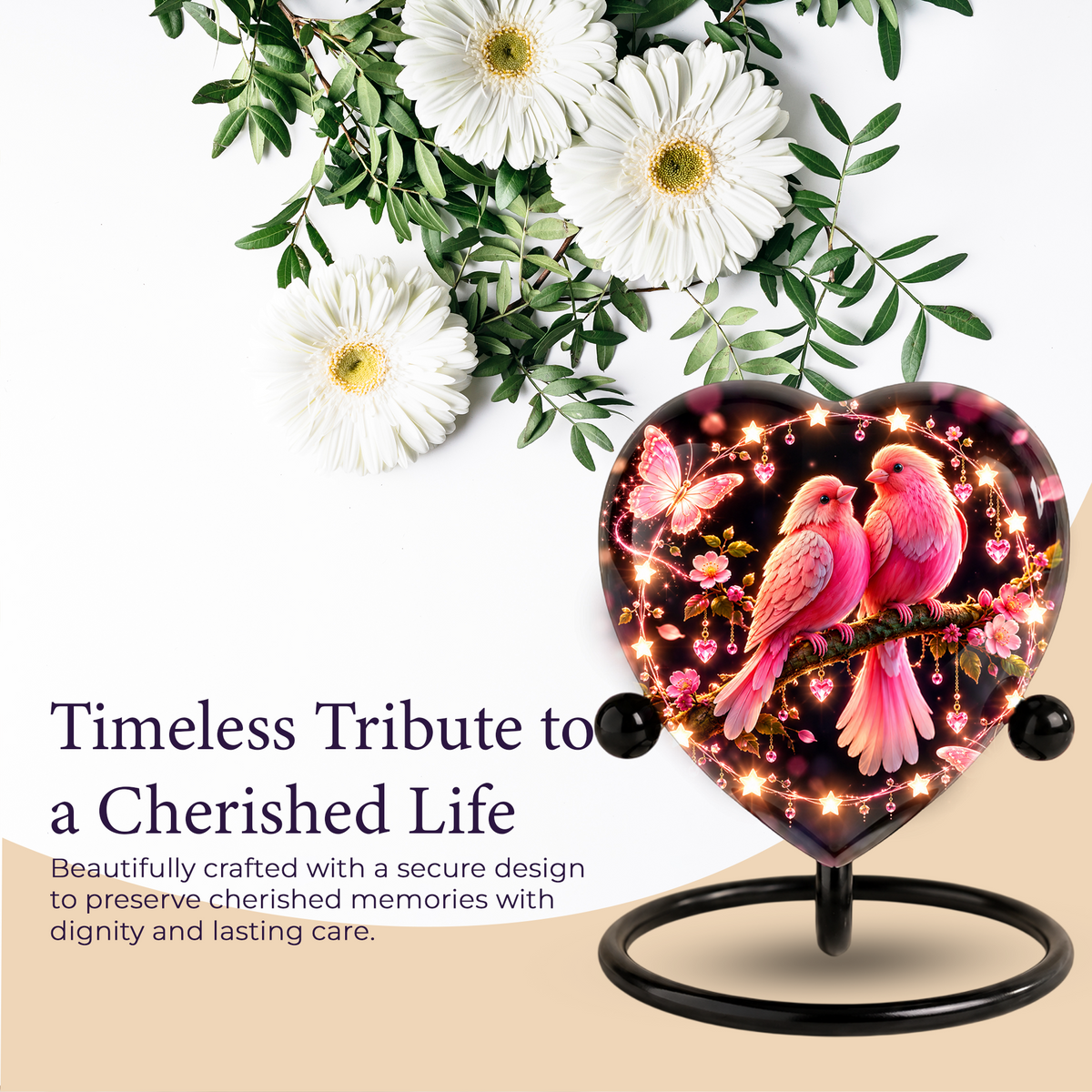 Heart Shaped Pink Birds Urn for Ashes, Butterfly Cremation Urn, Romantic Love Birds Memorial Urn for Human Ashes