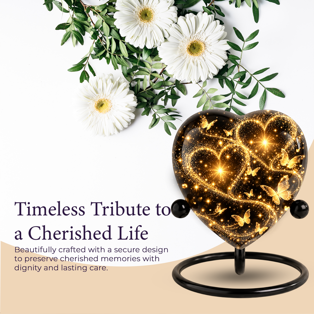 Butterfly Adult Urn for Ashes, Gold Heart Memorial Urn, Elegant Adult Cremation Urn