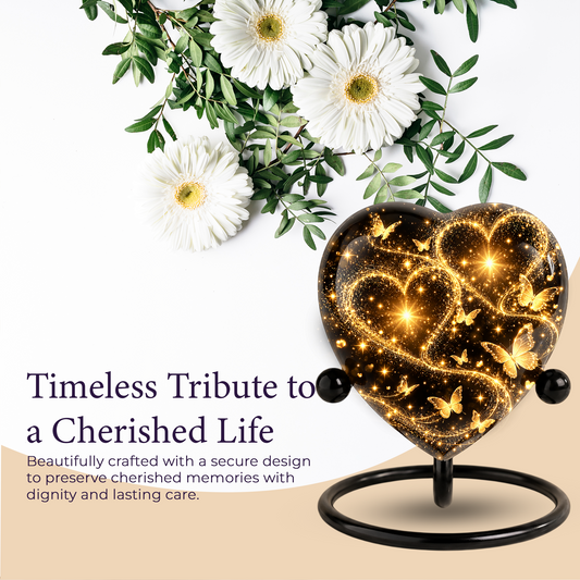 Butterfly Adult Urn for Ashes, Gold Heart Memorial Urn, Elegant Adult Cremation Urn