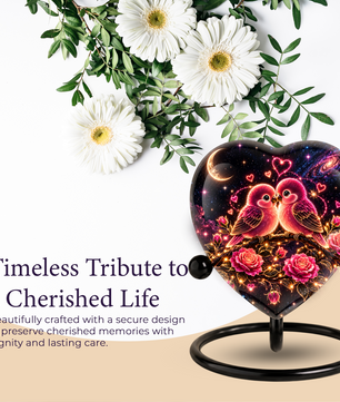 Heart Shaped Love Birds Urn for Ashes, Romantic Pink Birds Cremation Urn