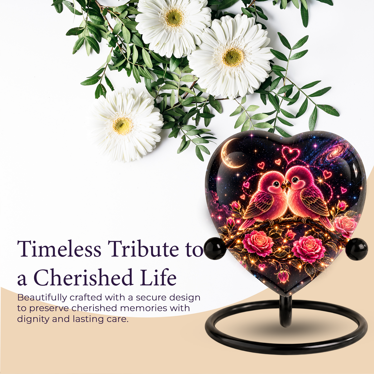 Heart Shaped Love Birds Urn for Ashes, Romantic Pink Birds Cremation Urn