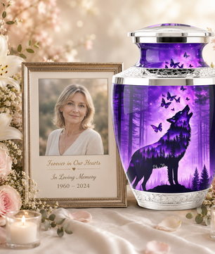 Purple Wolf Cremation Urn for Dad, Wolf Memorial Urn for Men, Wildlife Keepsake Ashes Urn for Father