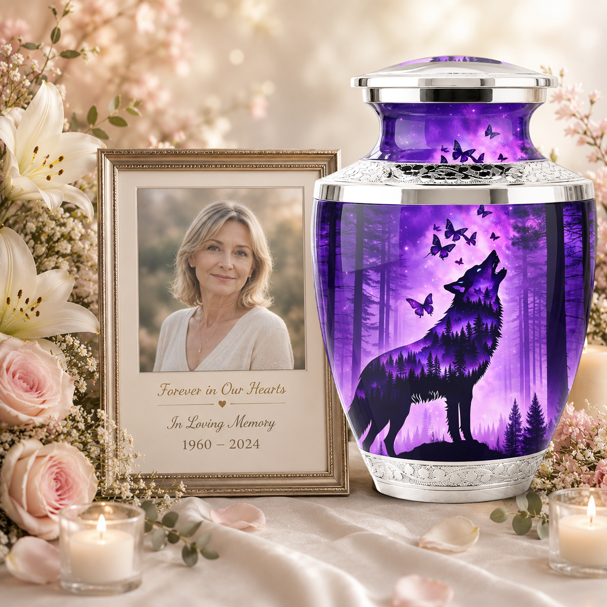 Purple Wolf Cremation Urn for Dad, Wolf Memorial Urn for Men, Wildlife Keepsake Ashes Urn for Father