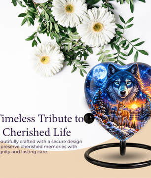 Wolf and Deer Adult Urn for Ashes, Blue Wolf and Fawn Memorial Urn, Celestial Wildlife Cremation Urn