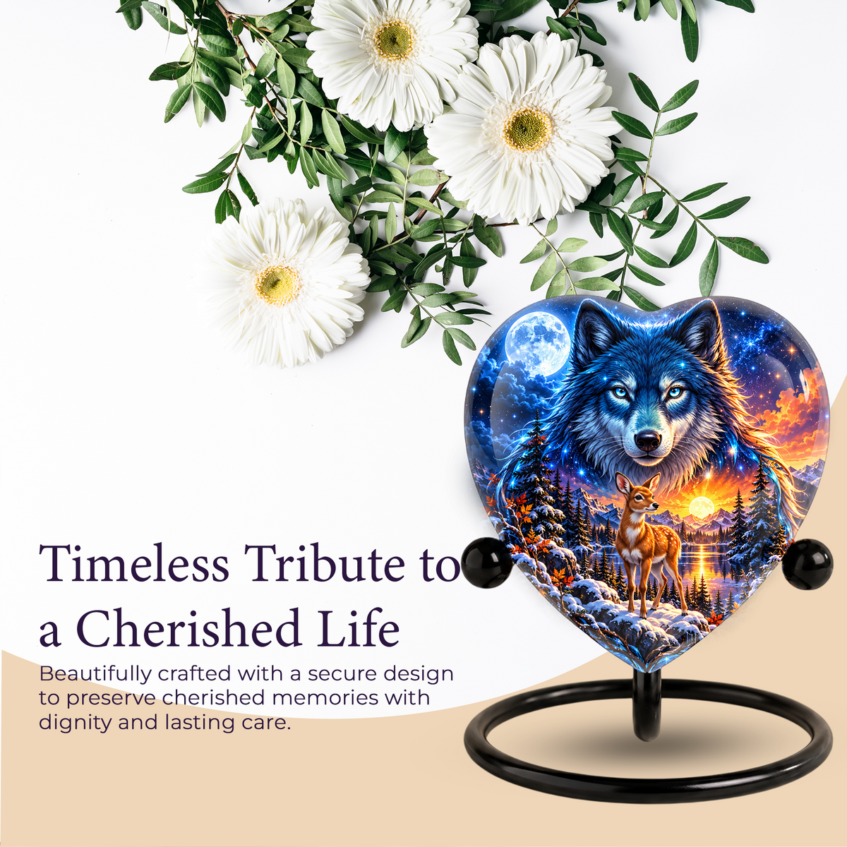 Wolf and Deer Adult Urn for Ashes, Blue Wolf and Fawn Memorial Urn, Celestial Wildlife Cremation Urn