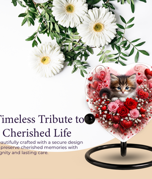 Personalized Cat Urn for Ashes – Heart-Shaped Kitten & Rose Memorial, Custom Pet Urn for Cat