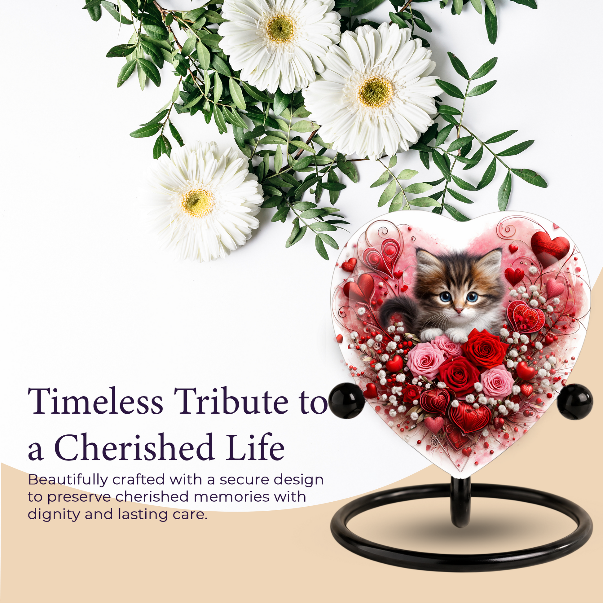 Personalized Cat Urn for Ashes – Heart-Shaped Kitten & Rose Memorial, Custom Pet Urn for Cat