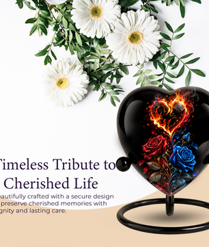 Fire and Roses Adult Cremation Urn for Ashes, Personalized Heart Urn, Red & Blue Rose Memorial Urn, Flame Cremation Urn, Adult Urn