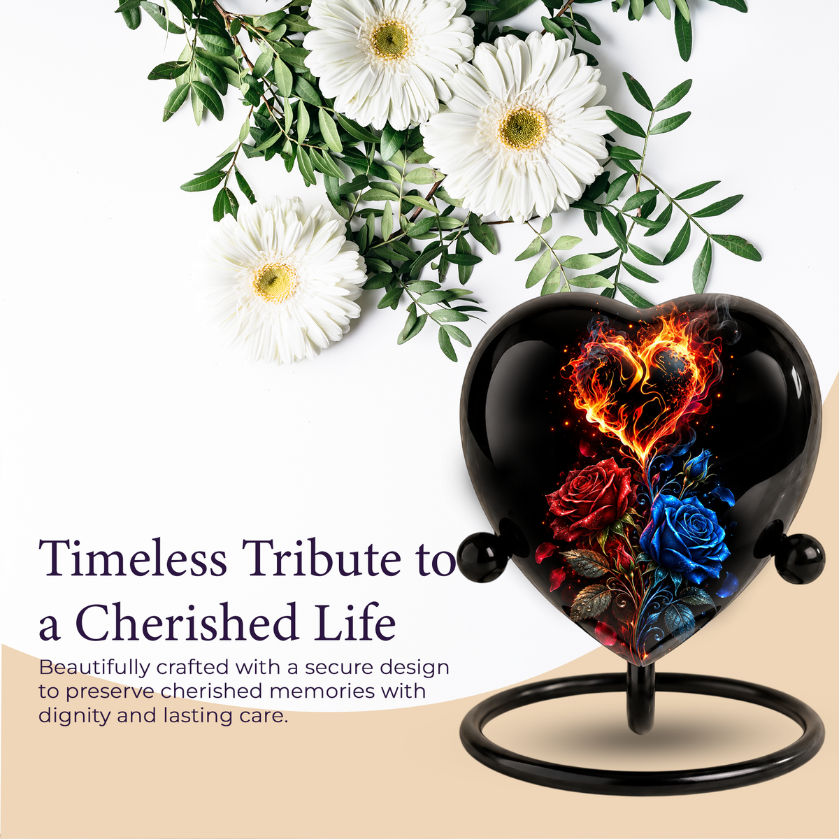 Fire and Roses Adult Cremation Urn for Ashes, Personalized Heart Urn, Red & Blue Rose Memorial Urn, Flame Cremation Urn, Adult Urn