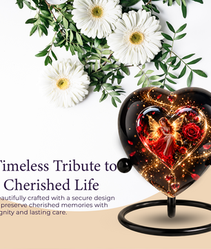 Heart Shaped Fairy Rose Urn for Ashes, Red Rose Cremation Urn