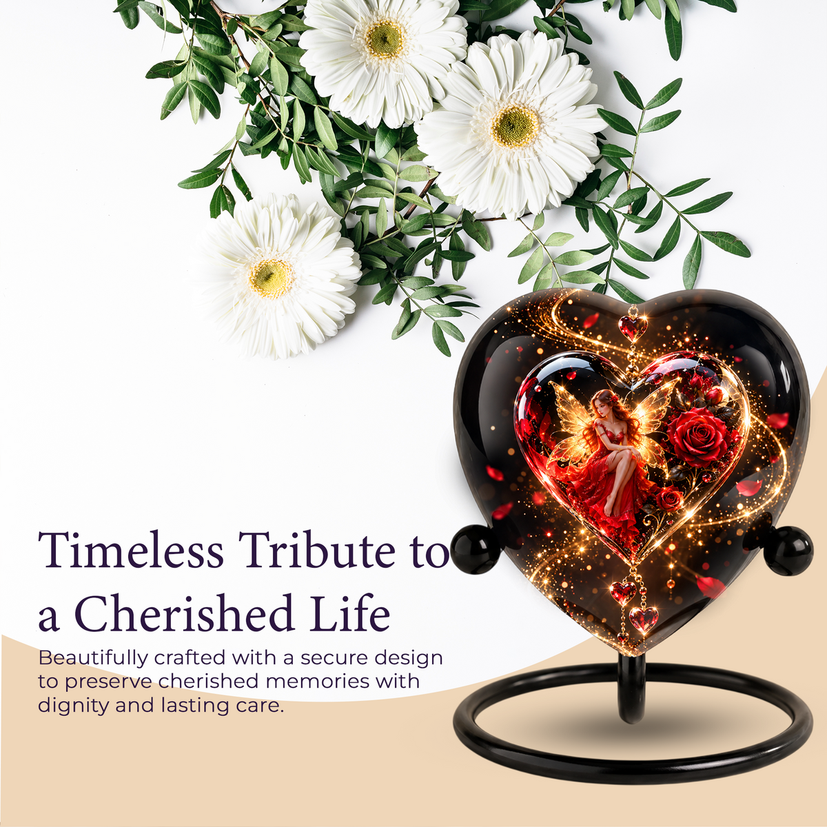 Heart Shaped Fairy Rose Urn for Ashes, Red Rose Cremation Urn