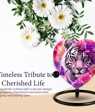 White Tiger Urn – Tiger Cremation Urn, Heart-Shaped Memorial Urn with Pink Roses
