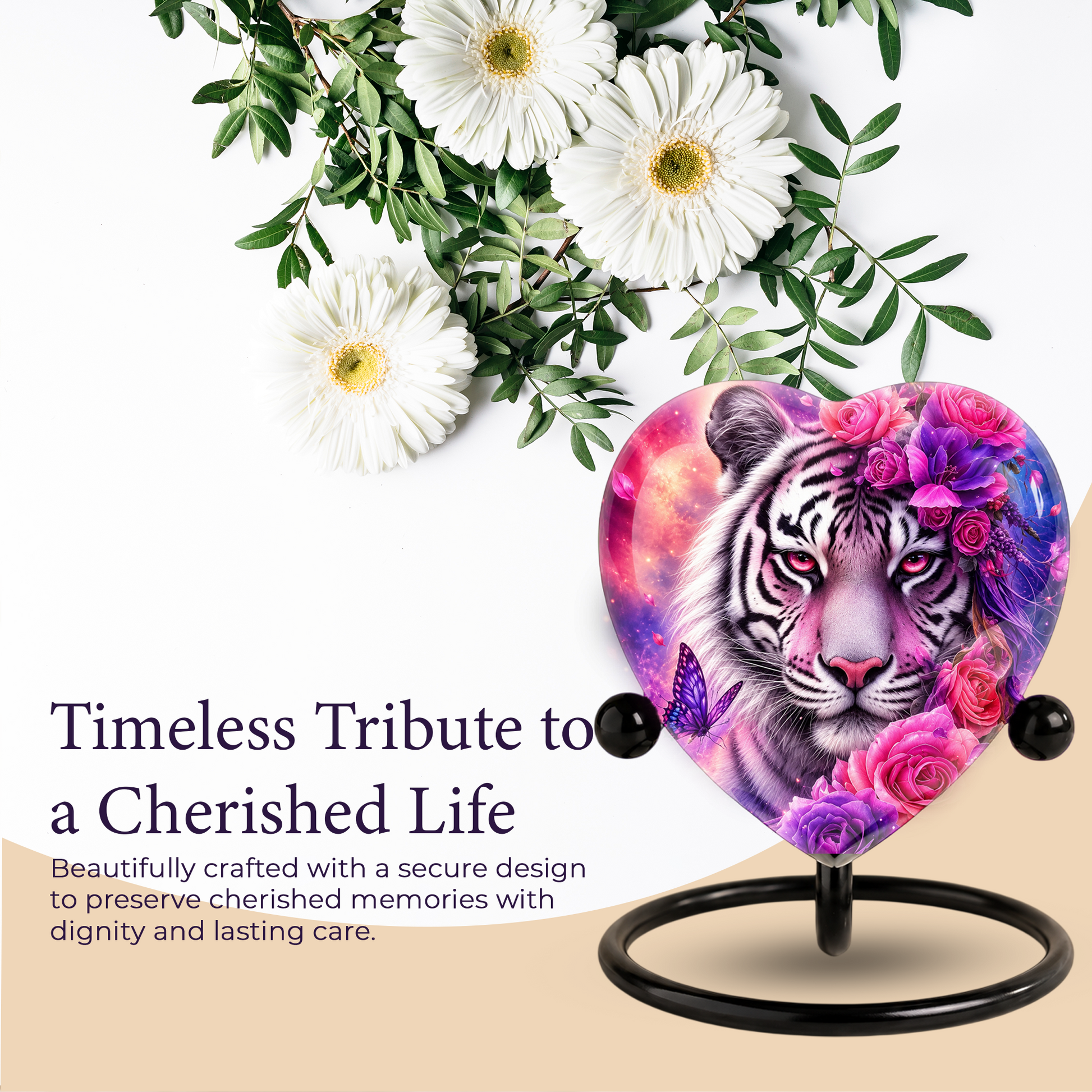 White Tiger Urn – Tiger Cremation Urn, Heart-Shaped Memorial Urn with Pink Roses