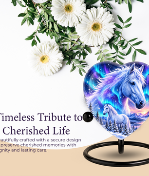 Heart Shaped White Horse Urn for Ashes, Aurora Borealis Horse Cremation Urn, Winter Wonderland Equine Memorial Urn