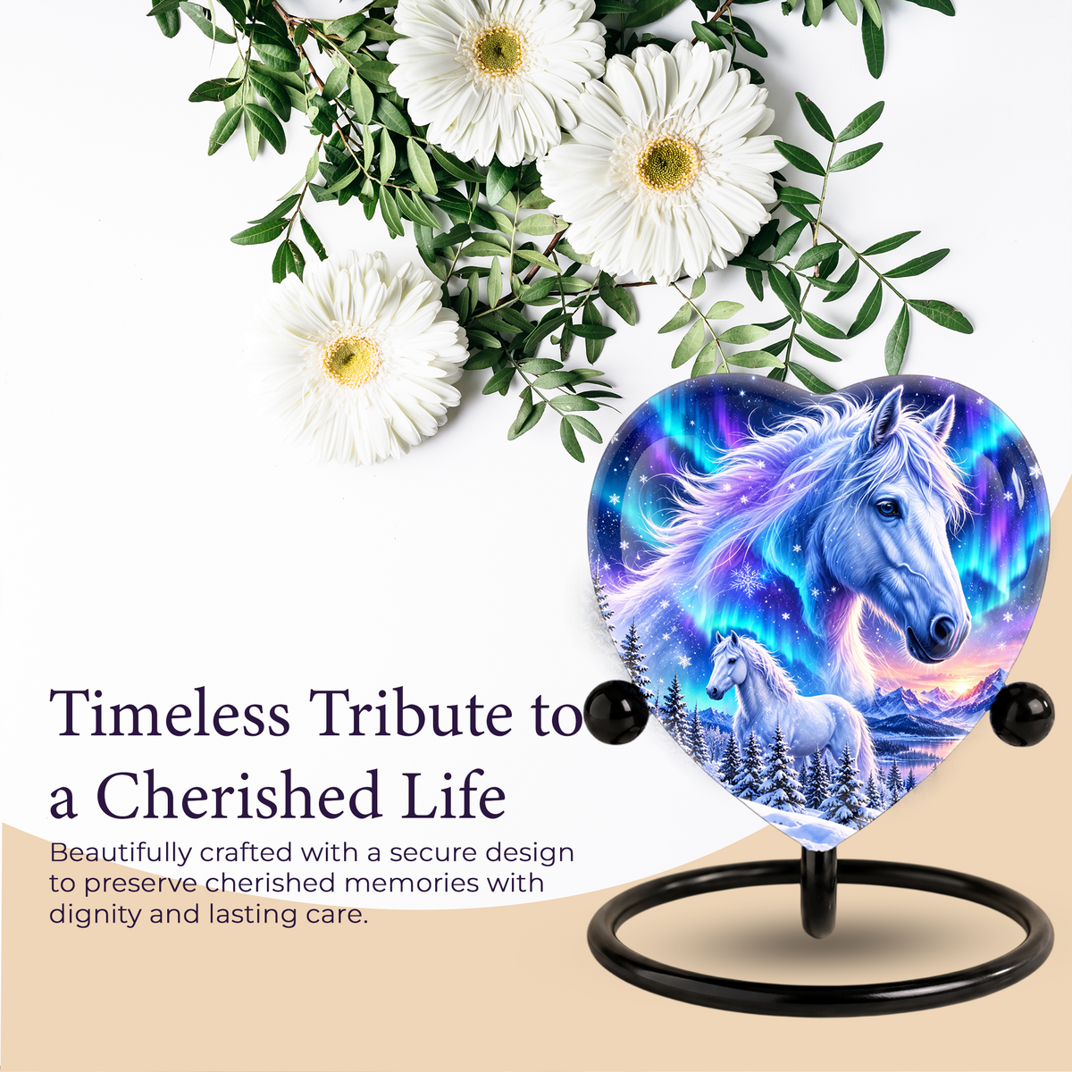 Heart Shaped White Horse Urn for Ashes, Aurora Borealis Horse Cremation Urn, Winter Wonderland Equine Memorial Urn