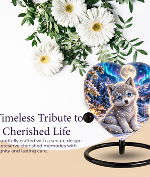 Heart Shaped Wolf Urn for Ashes, White Wolf Puppy Cremation Urn, Northern Lights Pet Memorial Urn