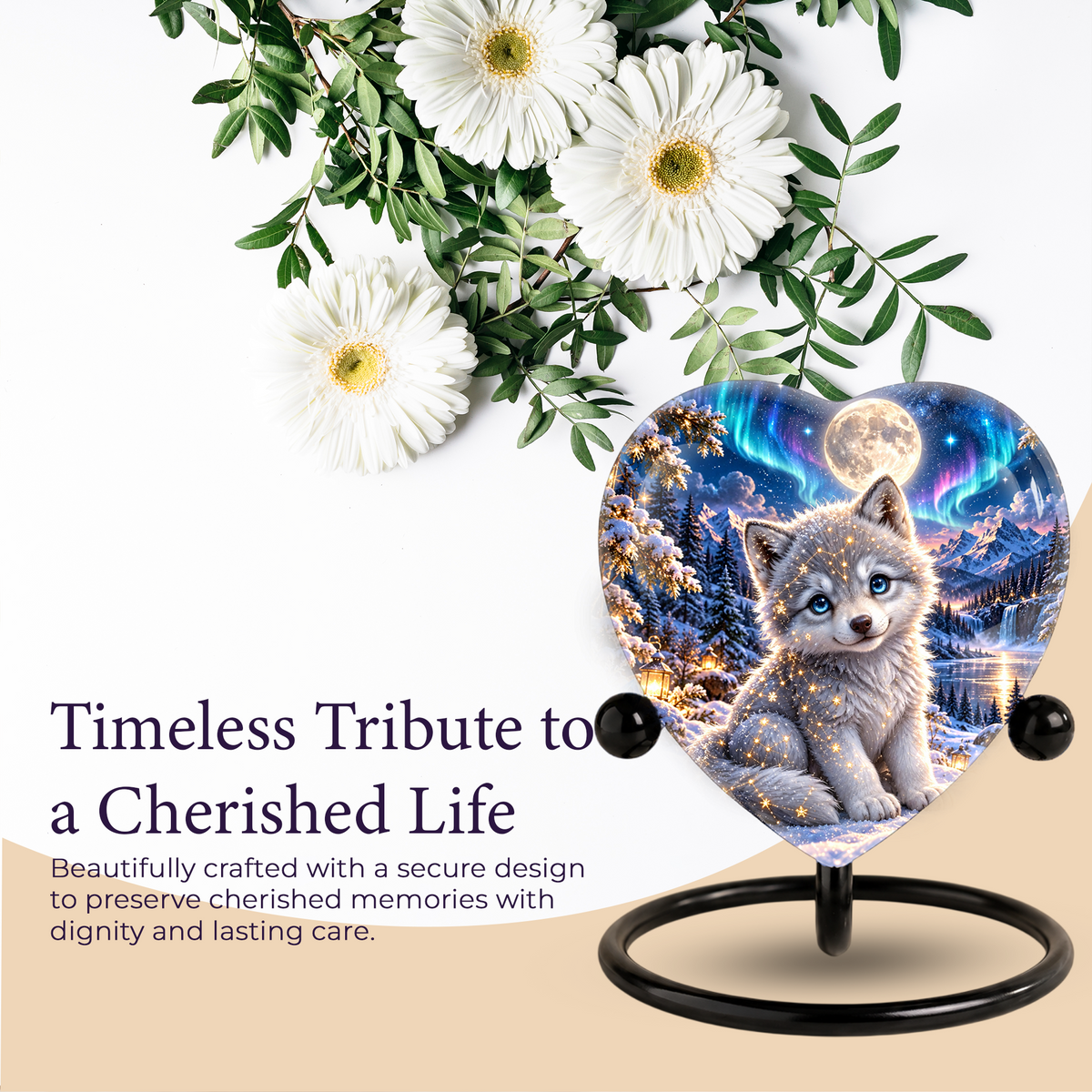 Heart Shaped Wolf Urn for Ashes, White Wolf Puppy Cremation Urn, Northern Lights Pet Memorial Urn