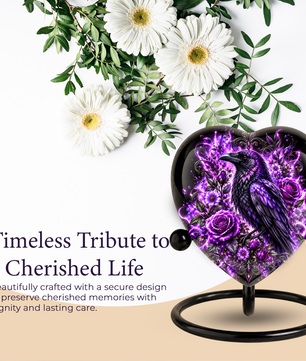Purple Raven Heart Cremation Urn for Ashes, Raven Memorial Urn, Purple Floral Urn, Crow Urn for Ashes, Gothic Heart Cremation Urn
