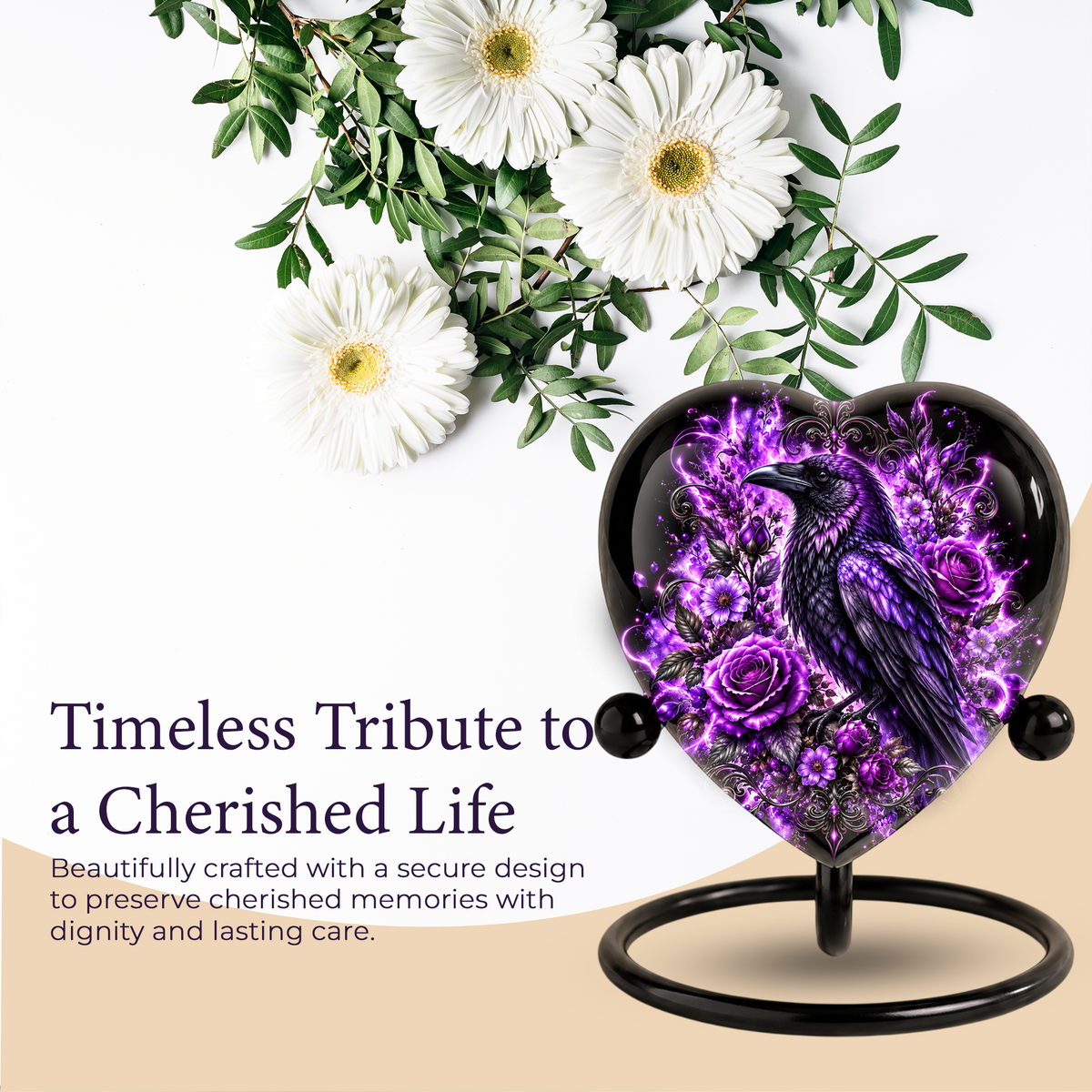 Purple Raven Heart Cremation Urn for Ashes, Raven Memorial Urn, Purple Floral Urn, Crow Urn for Ashes, Gothic Heart Cremation Urn