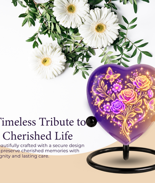 Purple Rose Butterfly Adult Cremation Urn for Ashes, Personalized Floral Adult Urn, Heart Memorial Urn, Rose & Butterfly Cremation Urn