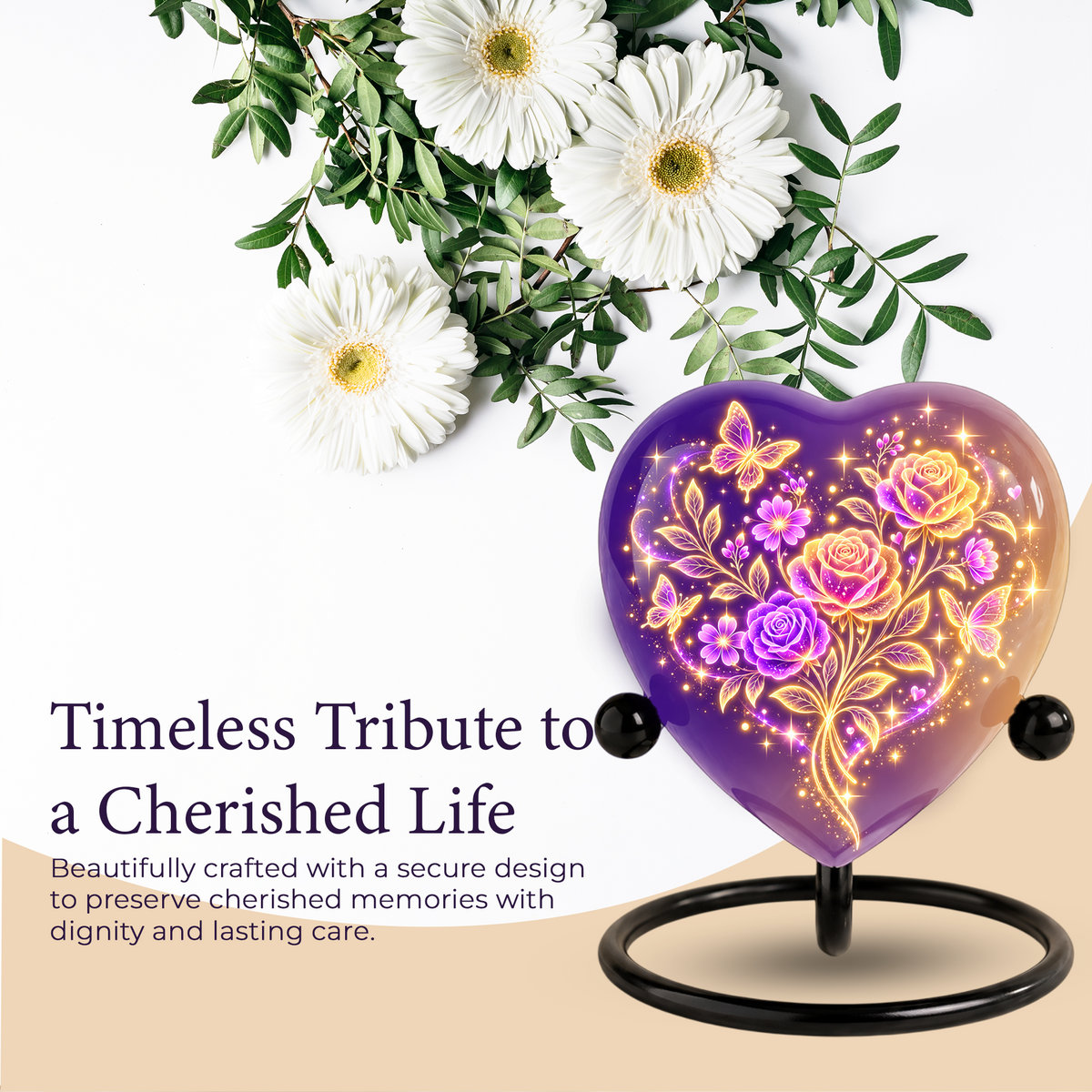 Purple Rose Butterfly Adult Cremation Urn for Ashes, Personalized Floral Adult Urn, Heart Memorial Urn, Rose & Butterfly Cremation Urn