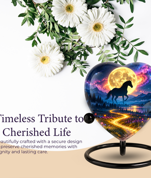 Horse Adult Urn for Ashes, Black Horse and Golden Moon Memorial Urn, Celestial Mountain Cremation Urn