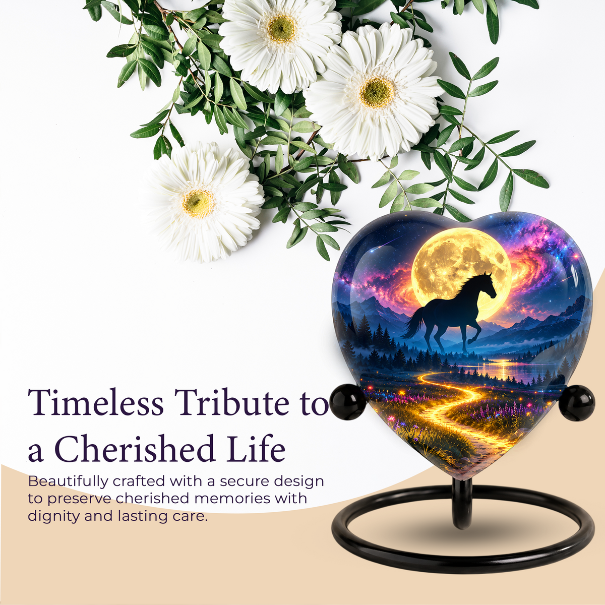 Horse Adult Urn for Ashes, Black Horse and Golden Moon Memorial Urn, Celestial Mountain Cremation Urn