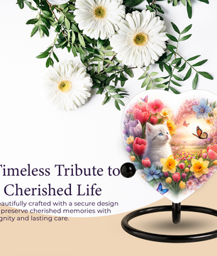 Personalized Cat Urn for Ashes – Heart-Shaped Floral Butterfly Memorial Adult Urn for Cremation Ashes