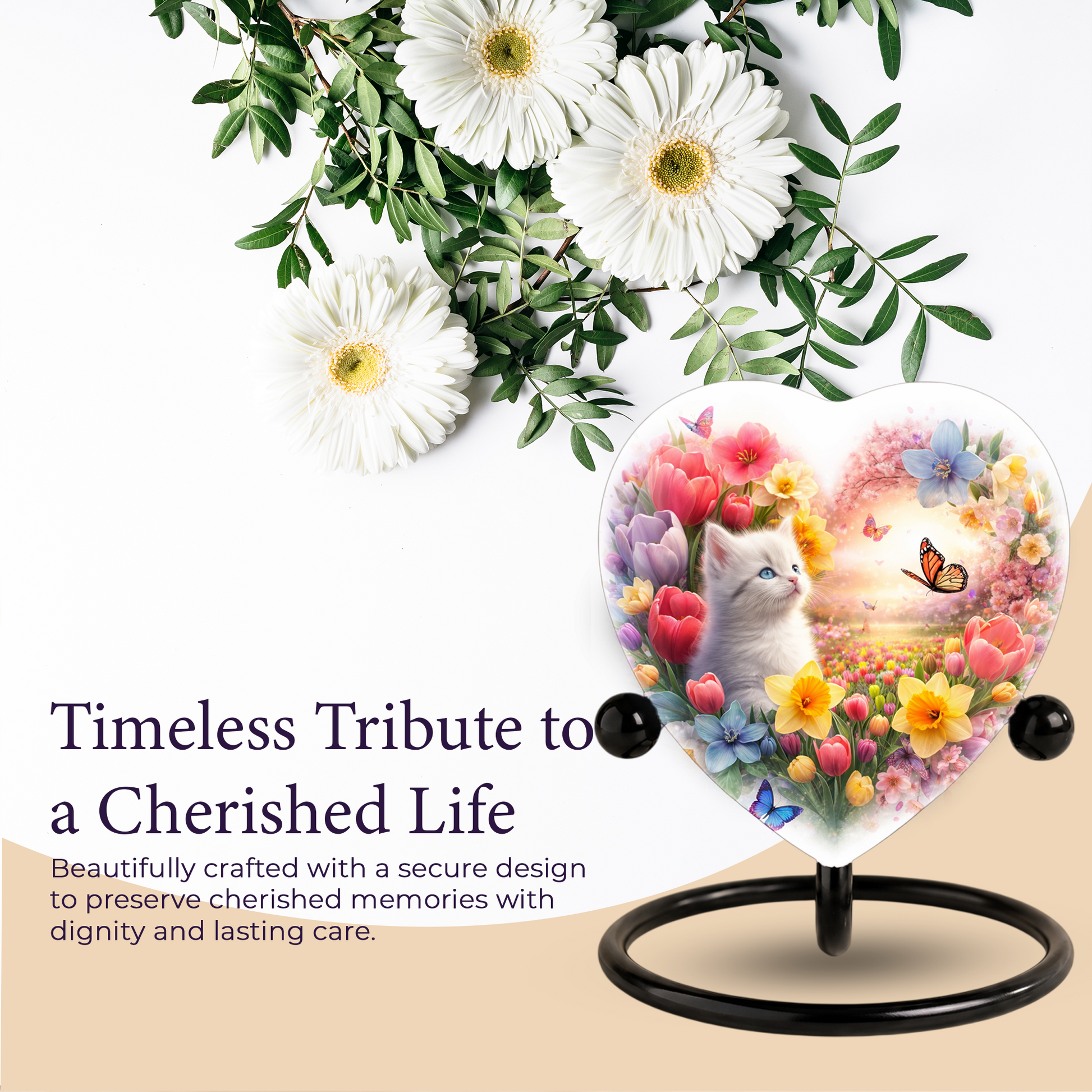 Personalized Cat Urn for Ashes – Heart-Shaped Floral Butterfly Memorial Adult Urn for Cremation Ashes