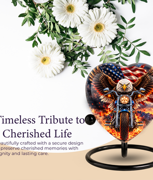 Heart Shaped Eagle Motorcycle Urn for Ashes, American Flag Cremation Urn, Patriotic Biker Memorial Urn for Human Ashes