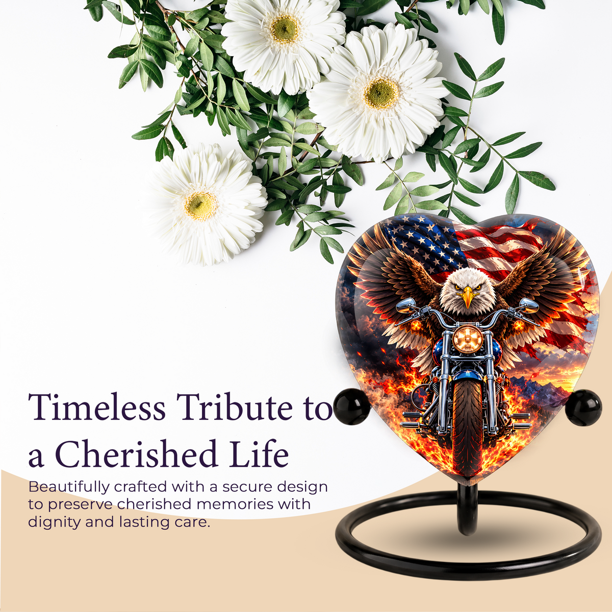 Heart Shaped Eagle Motorcycle Urn for Ashes, American Flag Cremation Urn, Patriotic Biker Memorial Urn for Human Ashes