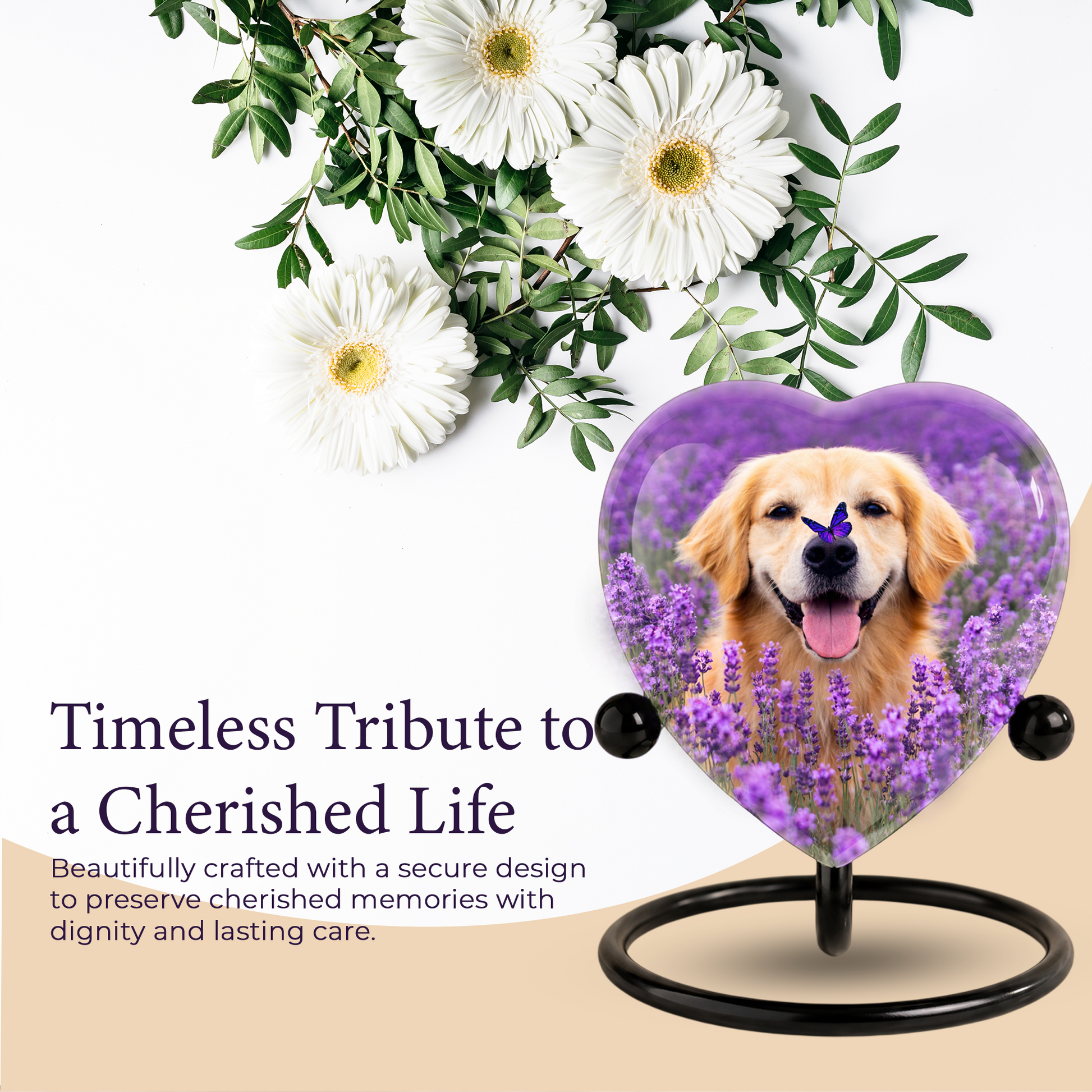 Personalized Dog Urn for Ashes – Golden Retriever Butterfly & Lavender Heart Memorial Pet Urn