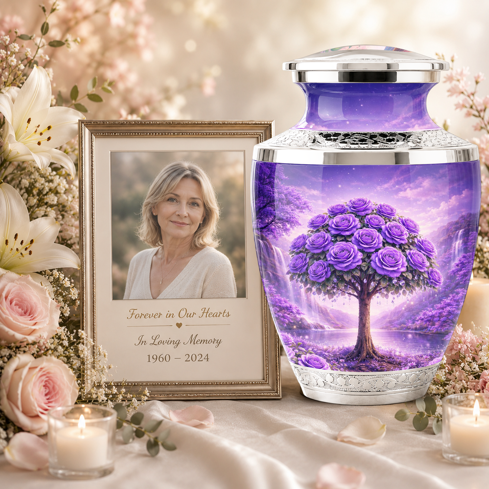 Purple Rose Cremation Urn for Mom, Lavender Rose Memorial Urn, Mother Keepsake for Ashes